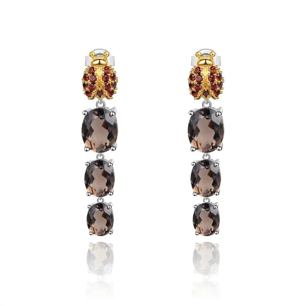 GRACE Oval Smoky Quartz Ladybug Drop Earrings in Sterling Silver