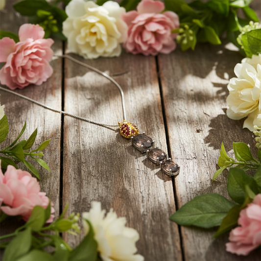 GRACE Oval Smoky Quartz Ladybug Pendant Necklace in Sterling Silver