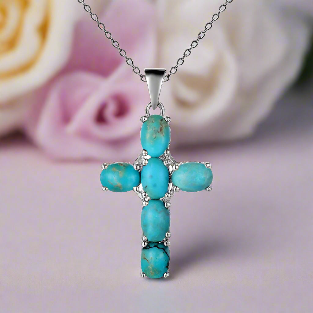 GRACE Oval Gemstone Cross Necklace in Sterling Silver