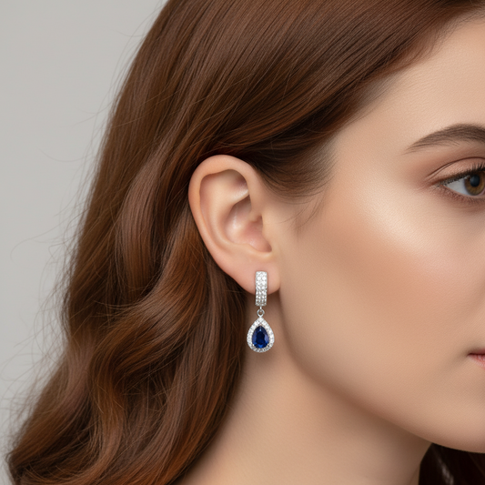 GRACE Halo Pear Cut Sapphire Drop Earrings in Sterling Silver