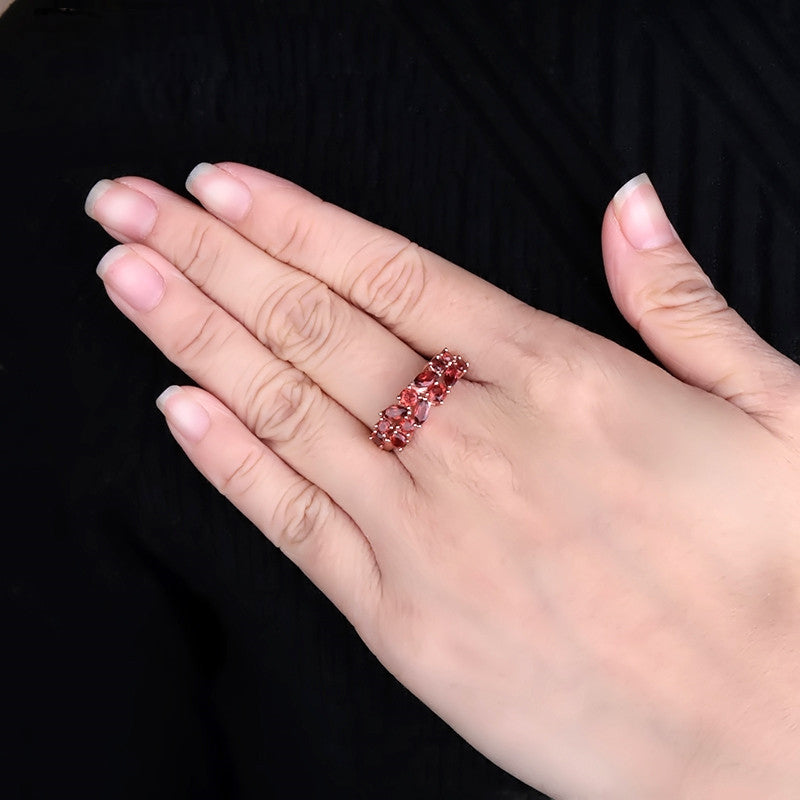 GRACE Red Garnet Cluster Band Ring in Rose Gold Sterling Silver