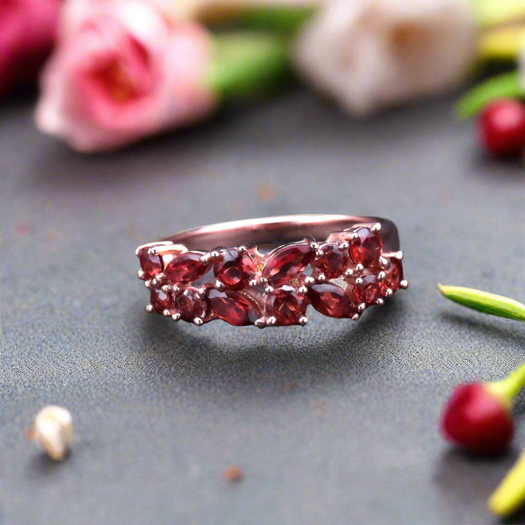 GRACE Red Garnet Cluster Band Ring in Rose Gold Sterling Silver