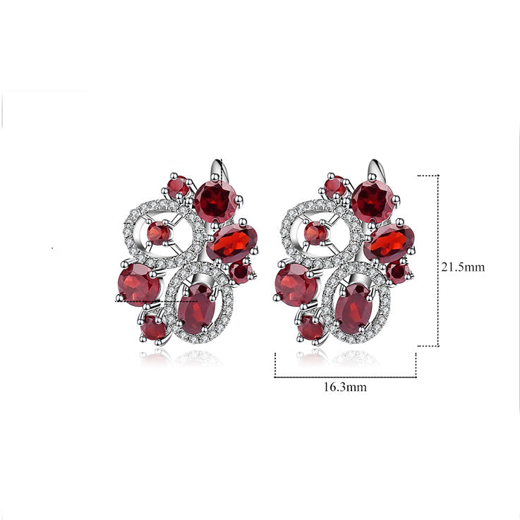 Conjunto de pendientes y anillos con flor de granate rojo GRACE en plata de ley