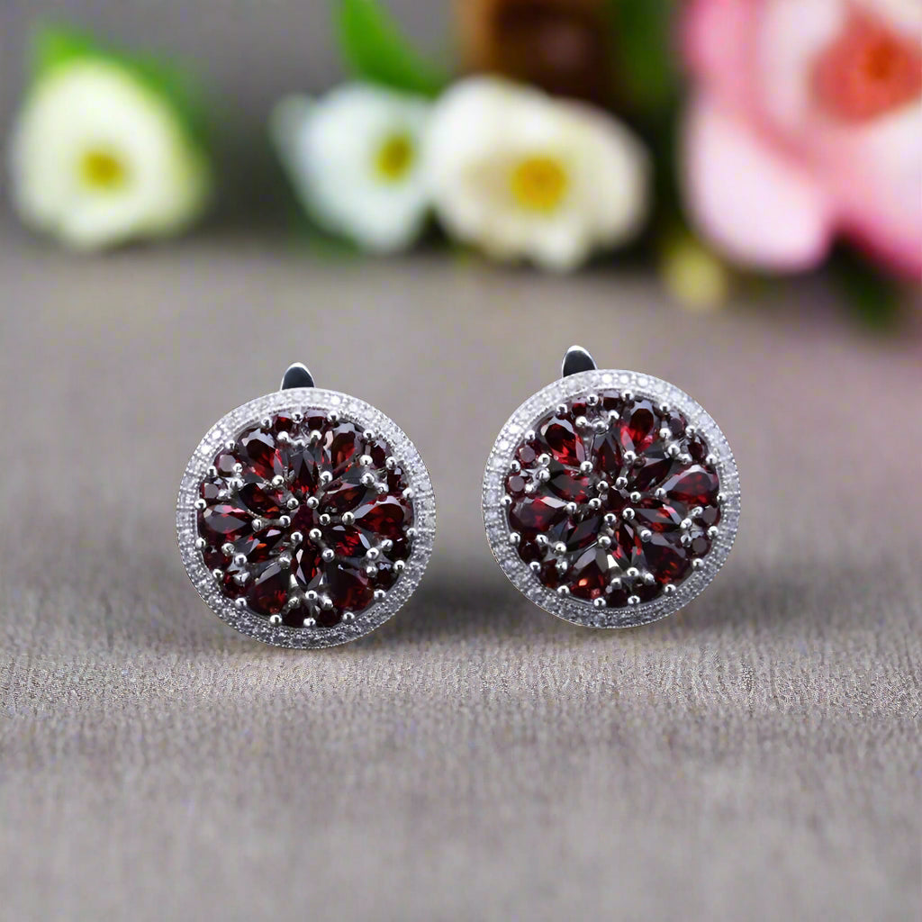 Conjunto de pendientes y anillos con granate rojo GRACE en plata de ley