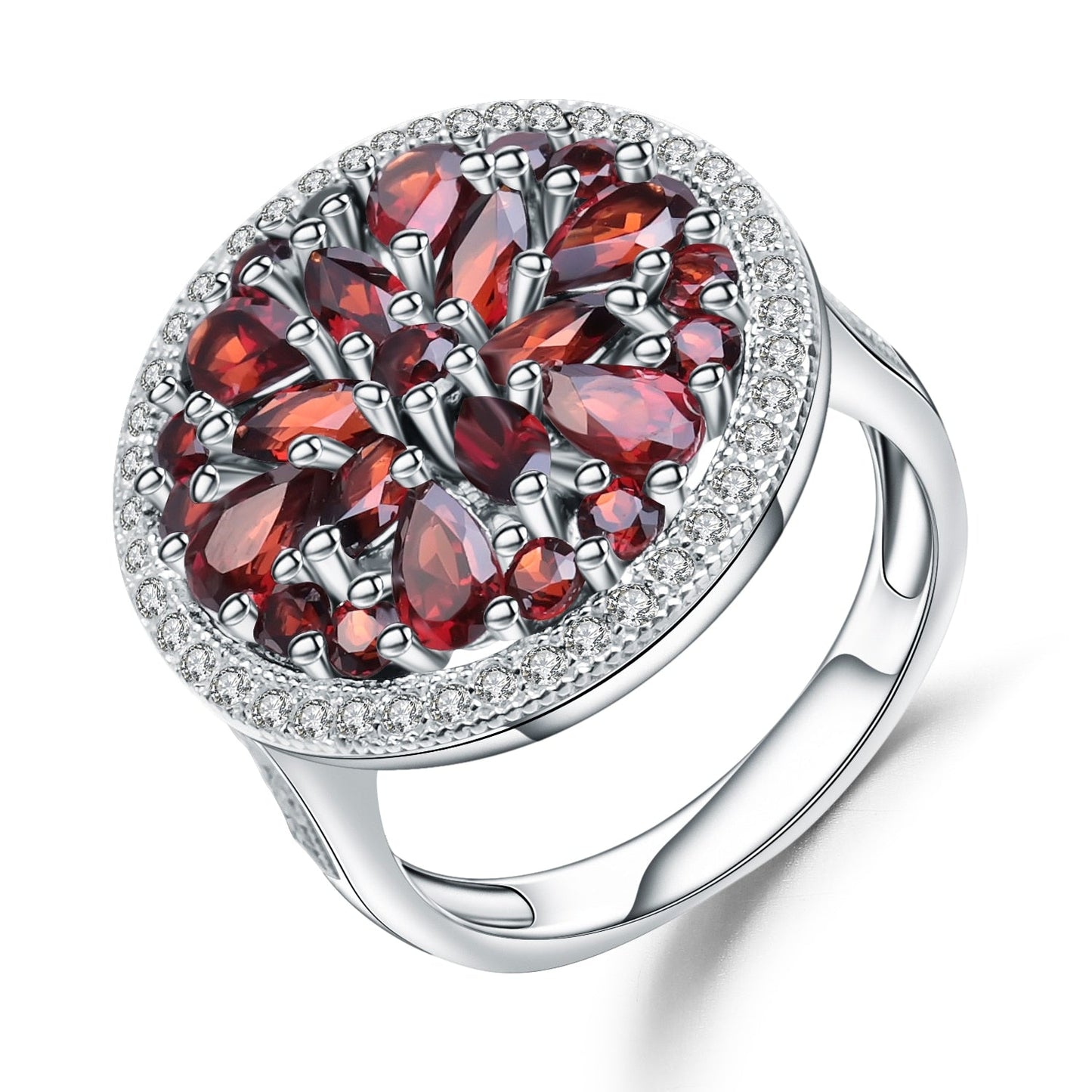 Conjunto de pendientes y anillos con granate rojo GRACE en plata de ley