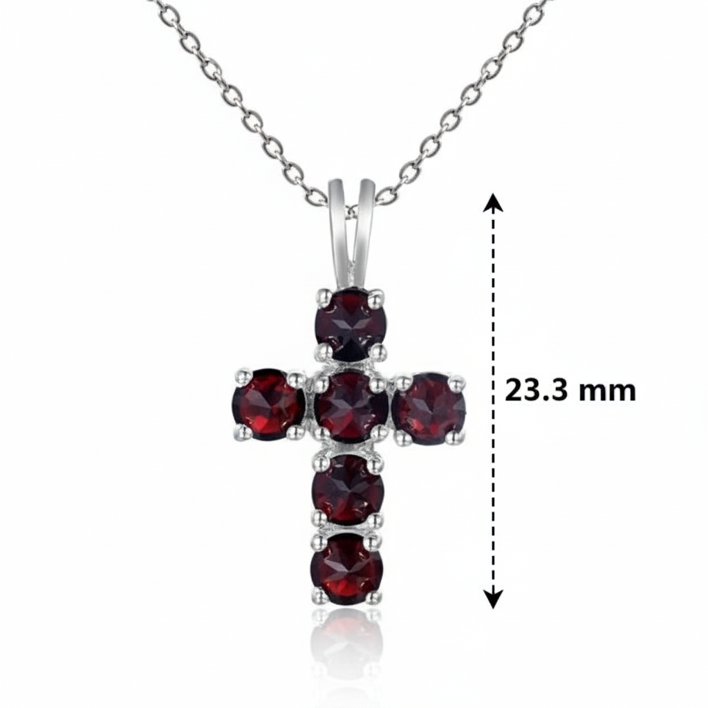 Collier pendentif croix rond en grenat noir GRACE en argent sterling