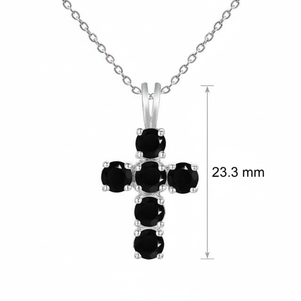 GRACE Round Black Sapphire Cross Pendant Necklace in Sterling Silver