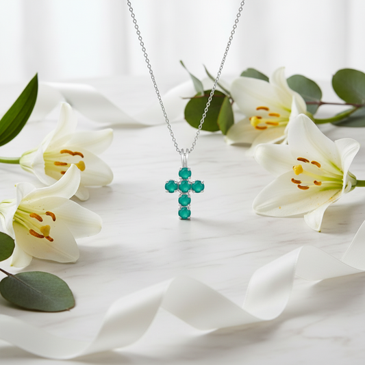 GRACE Round Green Agate Cross Pendant Necklace in Sterling Silver