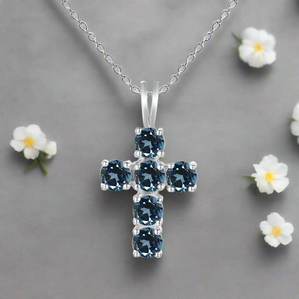 GRACE Round Gemstone Cross Pendant Necklace in Sterling Silver
