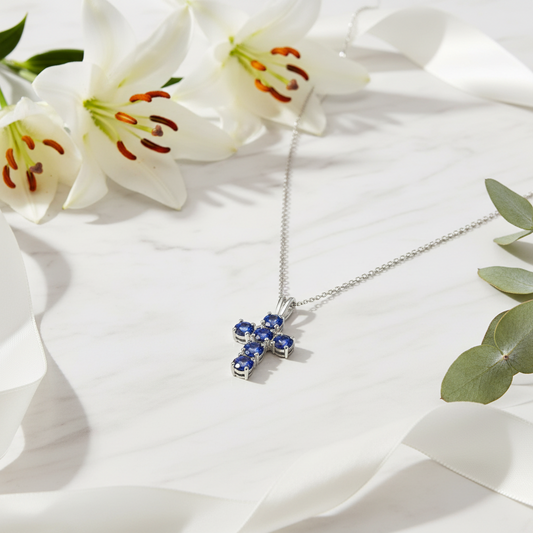 GRACE Round Midnight Blue Mystic Quartz Cross Pendant Necklace in Sterling Silver