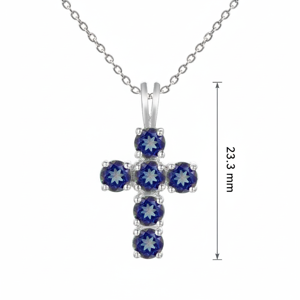 GRACE Round Midnight Blue Mystic Quartz Cross Pendant Necklace in Sterling Silver