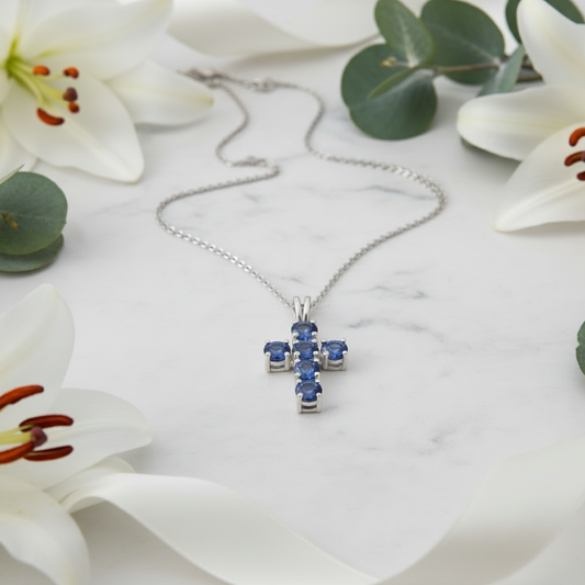 GRACE Round Mystic Quartz Cross Pendant Necklace in Sterling Silver