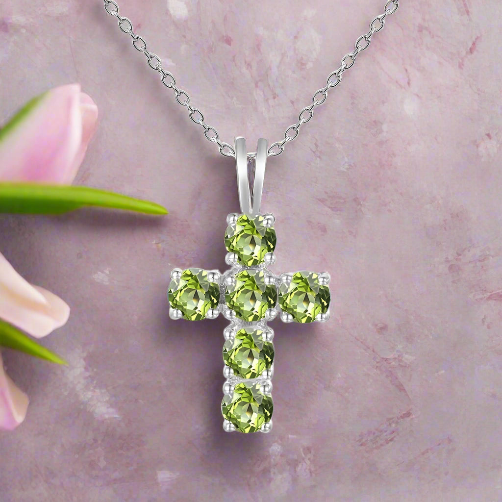 GRACE Round Gemstone Cross Pendant Necklace in Sterling Silver