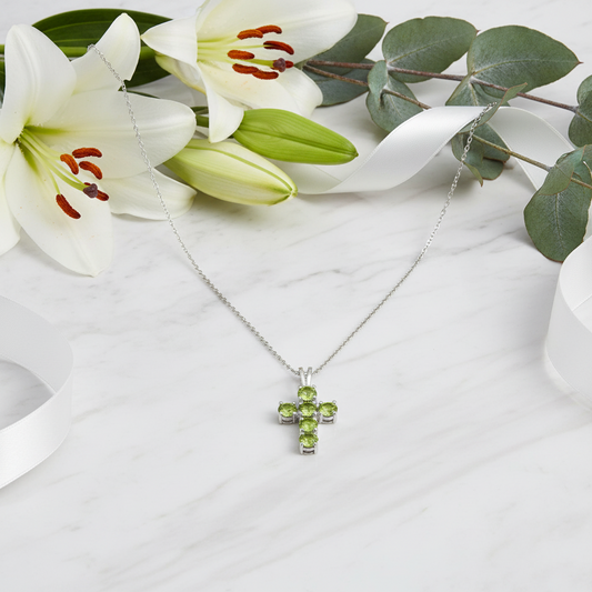 GRACE Round Peridot Cross Pendant Necklace in Sterling Silver