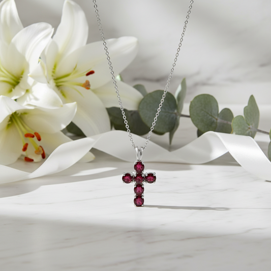 GRACE Round Red Garnet Cross Pendant Necklace in Sterling Silver