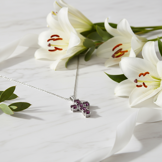 GRACE Round Rhodolite Garnet Cross Pendant Necklace in Sterling Silver
