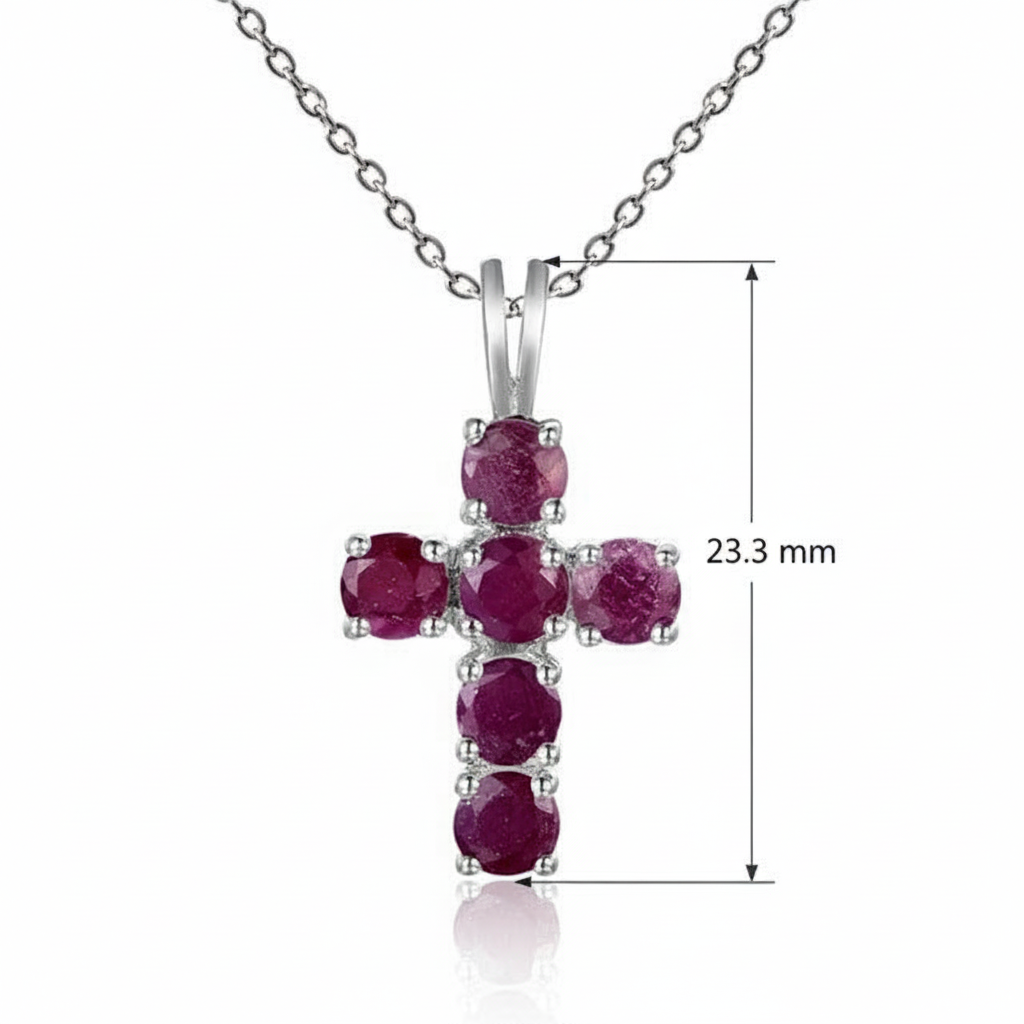 GRACE Round Ruby Cross Pendant Necklace in Sterling Silver