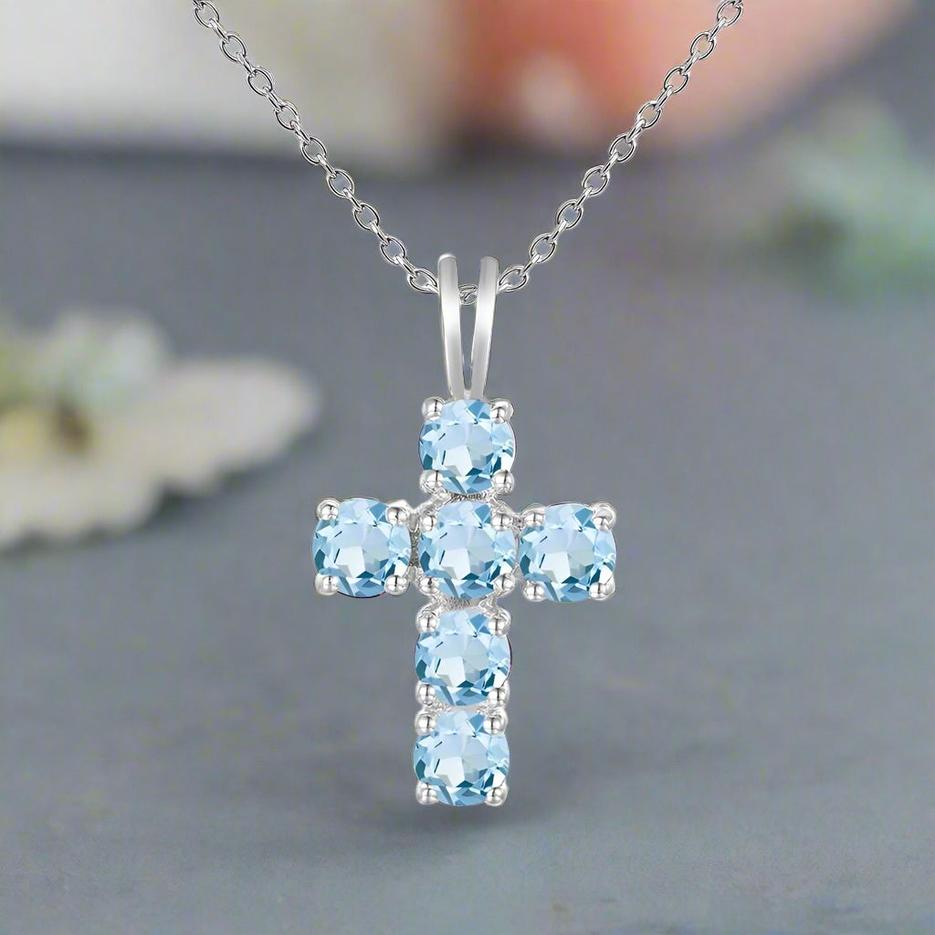 GRACE Round Gemstone Cross Pendant Necklace in Sterling Silver
