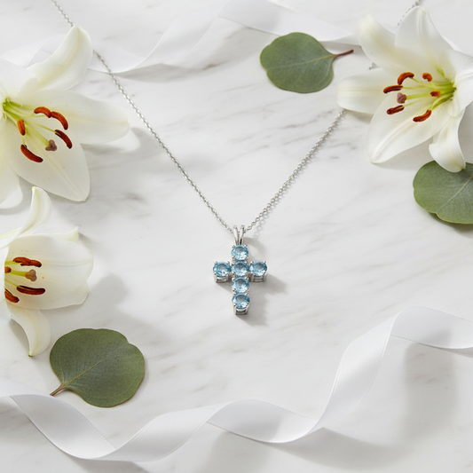GRACE Round Sky Blue Topaz Cross Pendant Necklace in Sterling Silver