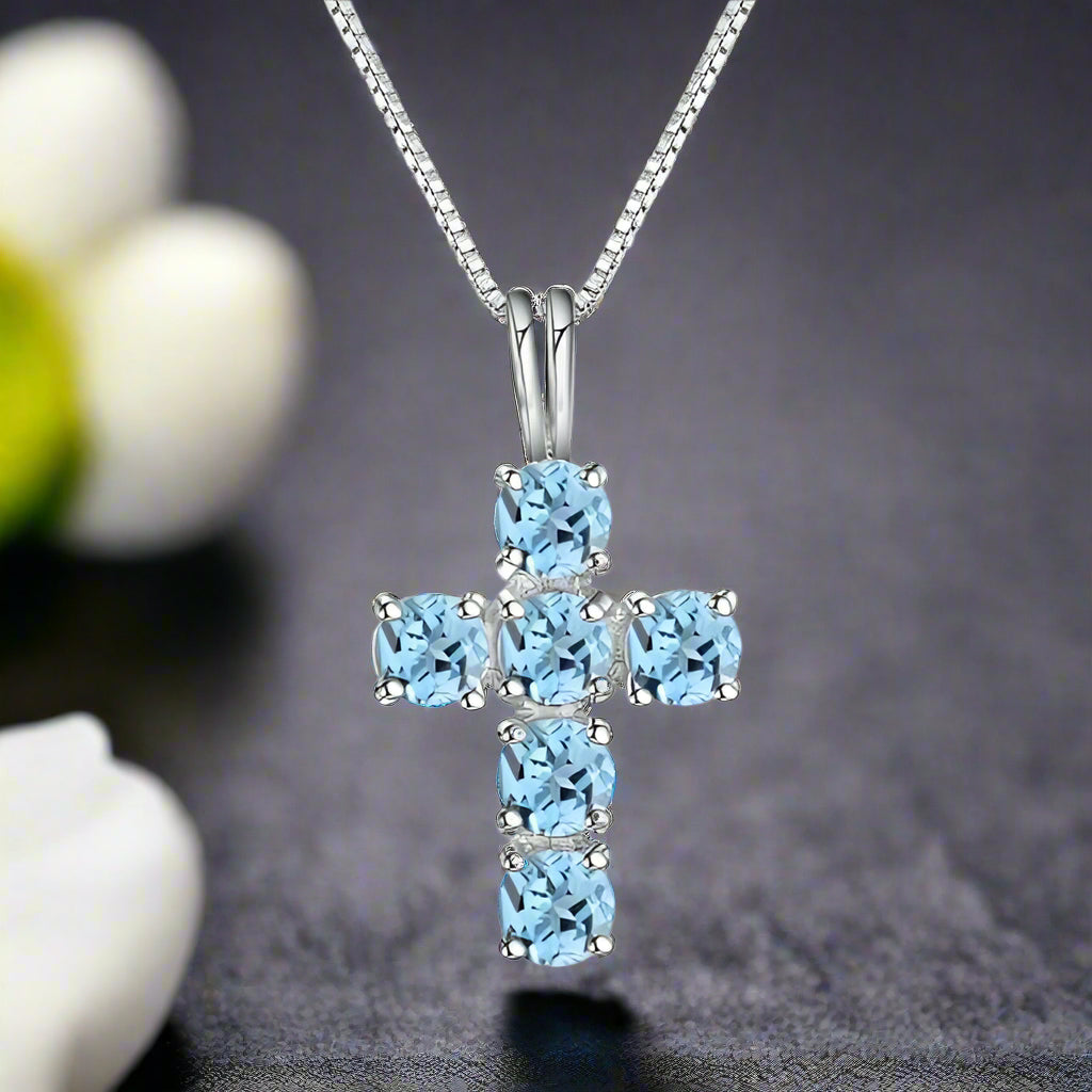 GRACE Round Gemstone Cross Pendant Necklace in Sterling Silver