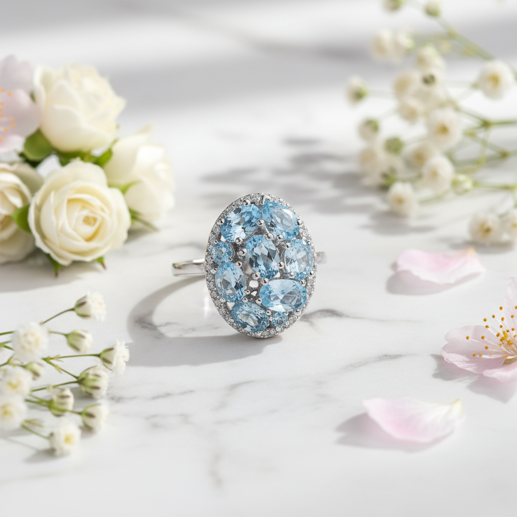 GRACE Gemstone Cluster Halo Ring in Sterling Silver