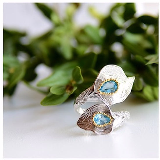 GRACE Swiss Blue Topaz Calla Lily Handmade Adjustable Ring in Sterling Silver