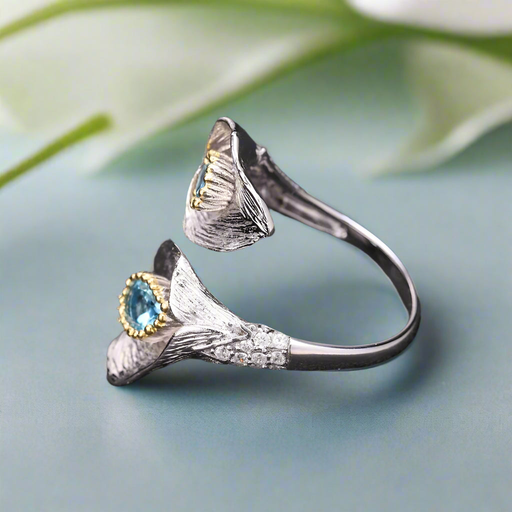 GRACE Swiss Blue Topaz Calla Lily Handmade Adjustable Ring in Sterling Silver