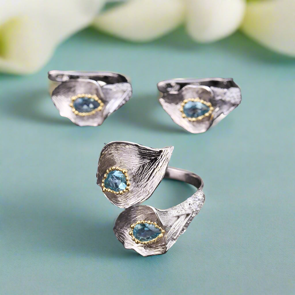 GRACE Swiss Blue Topaz Calla Lily Handmade Adjustable Ring in Sterling Silver