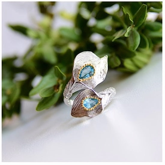 GRACE Swiss Blue Topaz Calla Lily Handmade Adjustable Ring in Sterling Silver