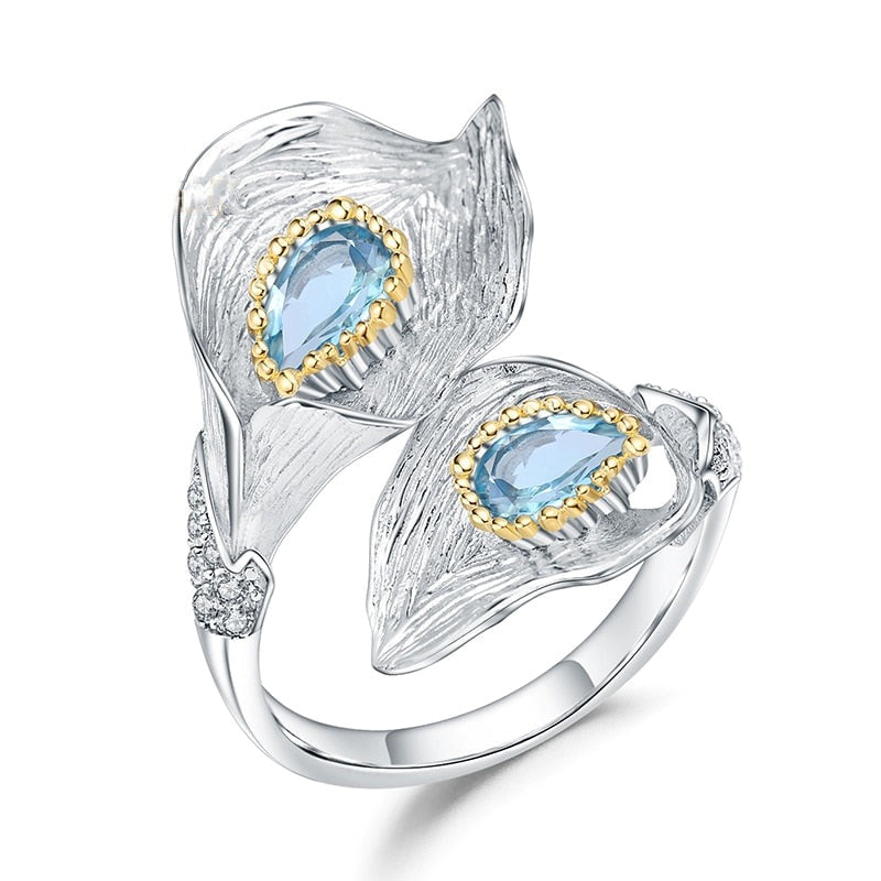 GRACE Swiss Blue Topaz Calla Lily Handmade Adjustable Ring in Sterling Silver