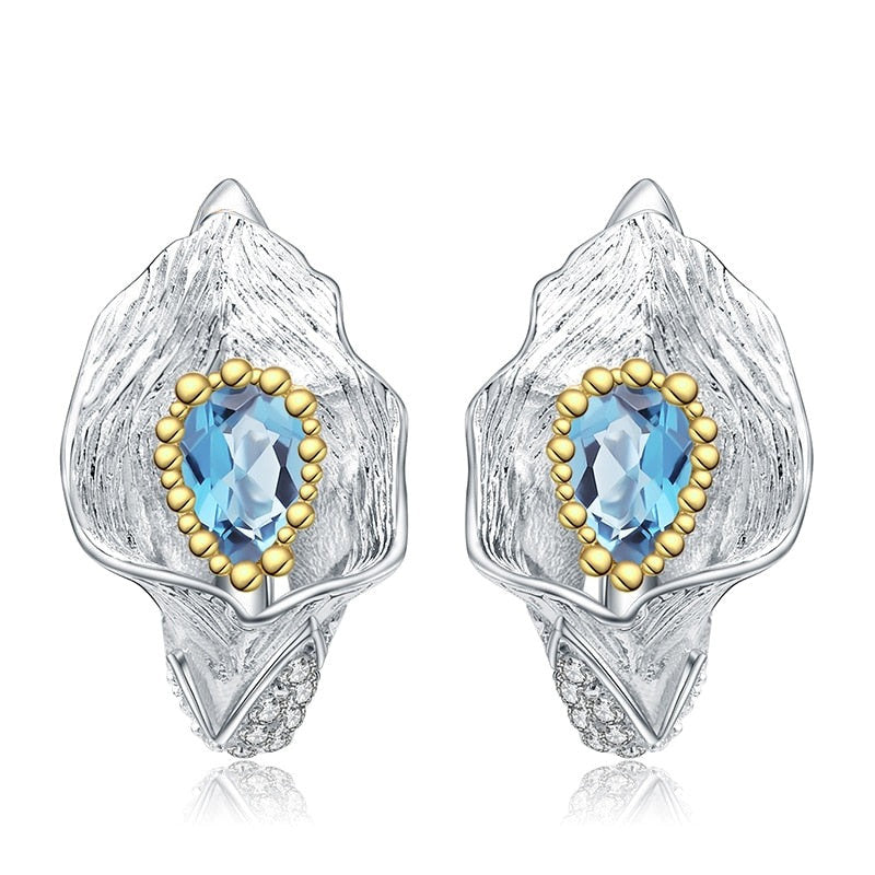 GRACE Swiss Blue Topaz Calla Lily Handmade Earrings in Sterling Silver