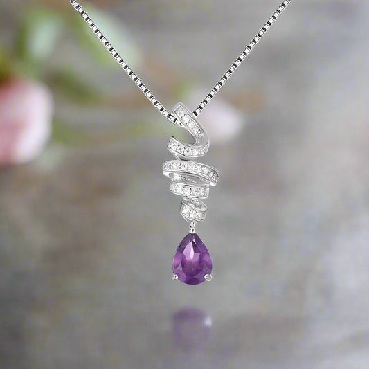 GRACE Teardrop Amethyst Ribbon Swirl Pendant Necklace in Sterling Silver