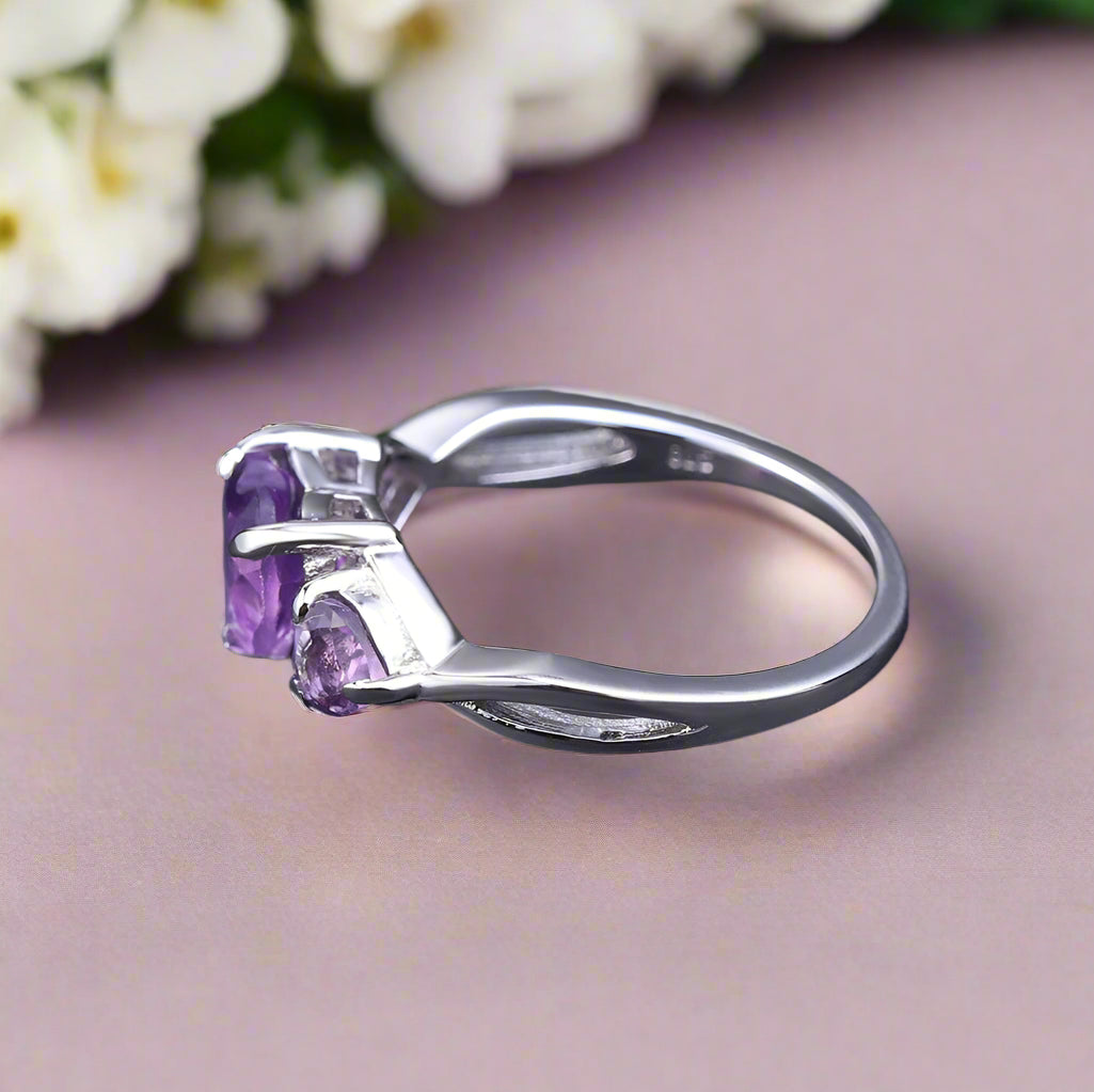 GRACE Three Stone Heart Cut Amethyst Ring in Sterling Silver