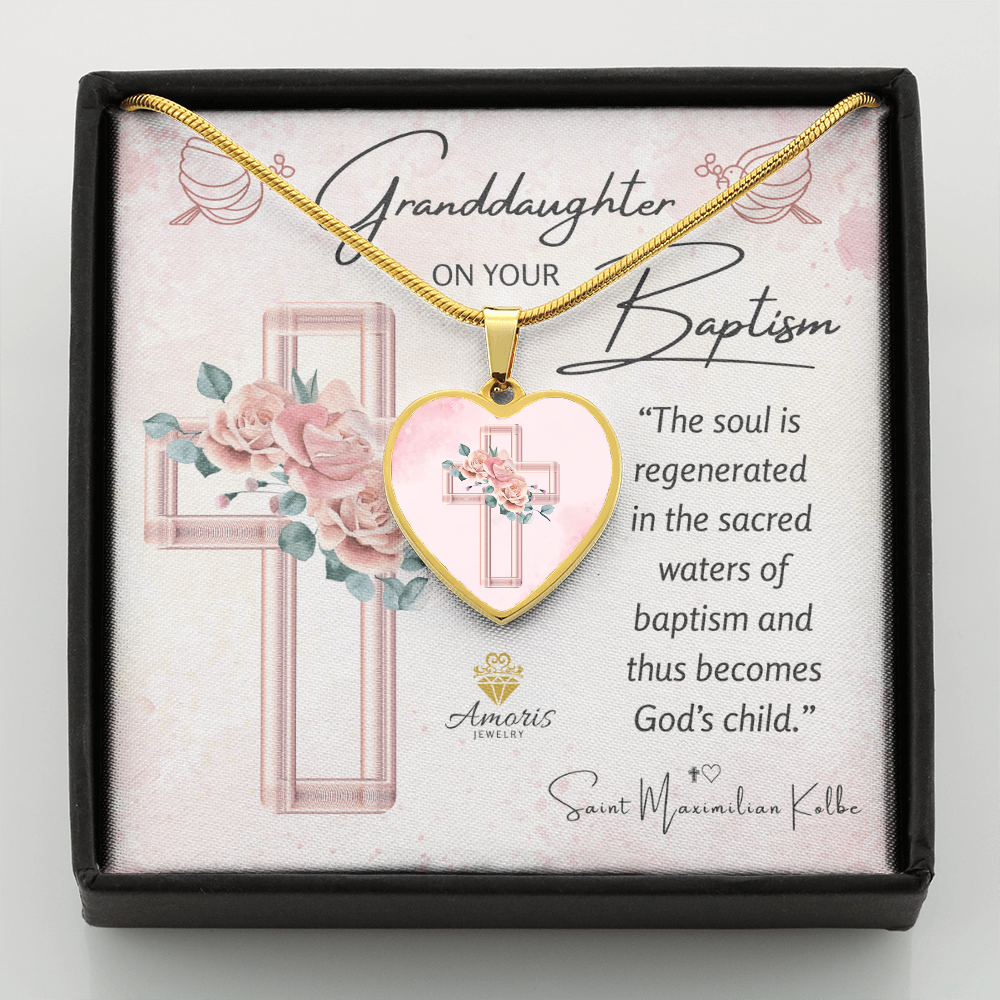 Granddaughter Baptism Pink Floral Cross Heart Pendant Necklace