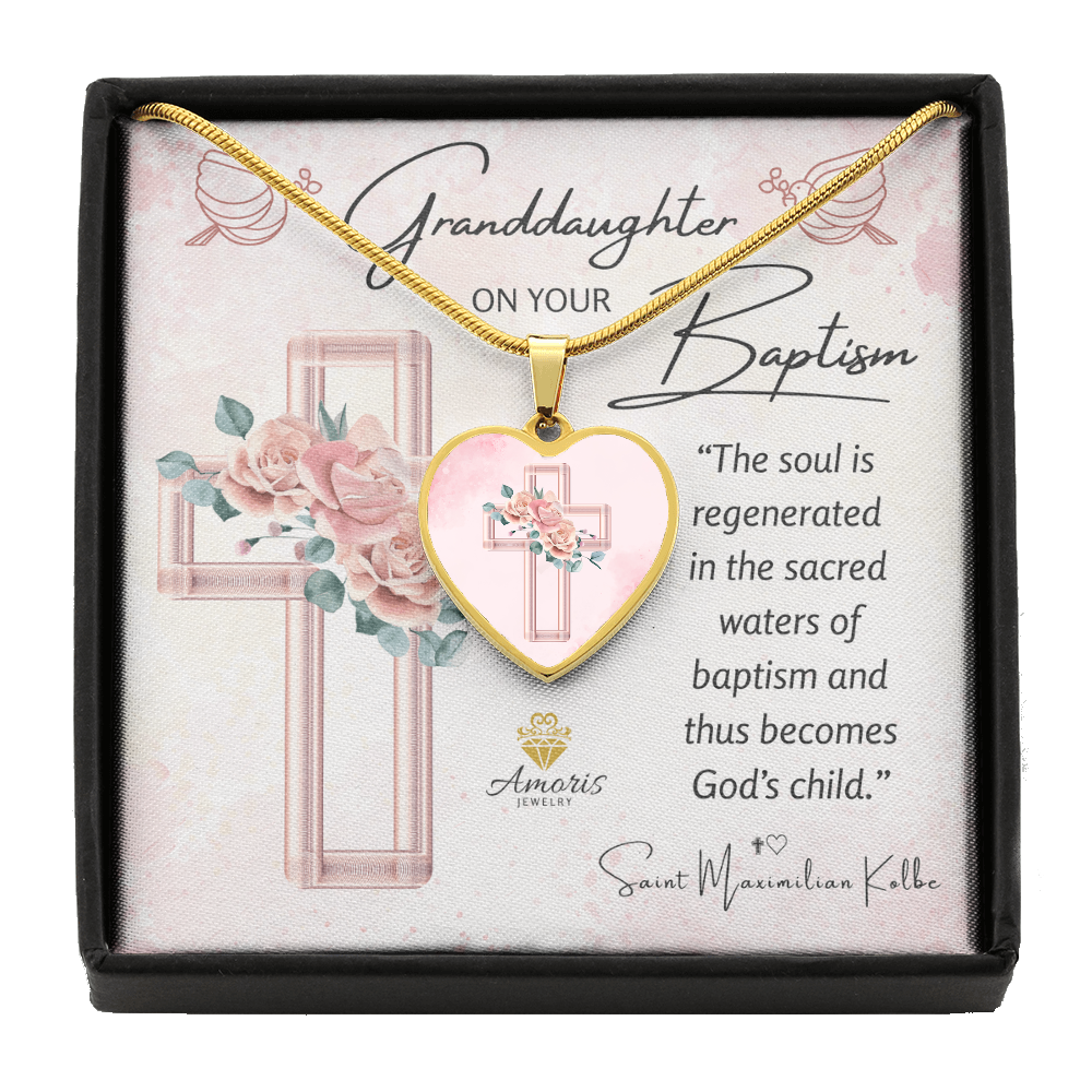 Granddaughter Baptism Pink Floral Cross Heart Pendant Necklace