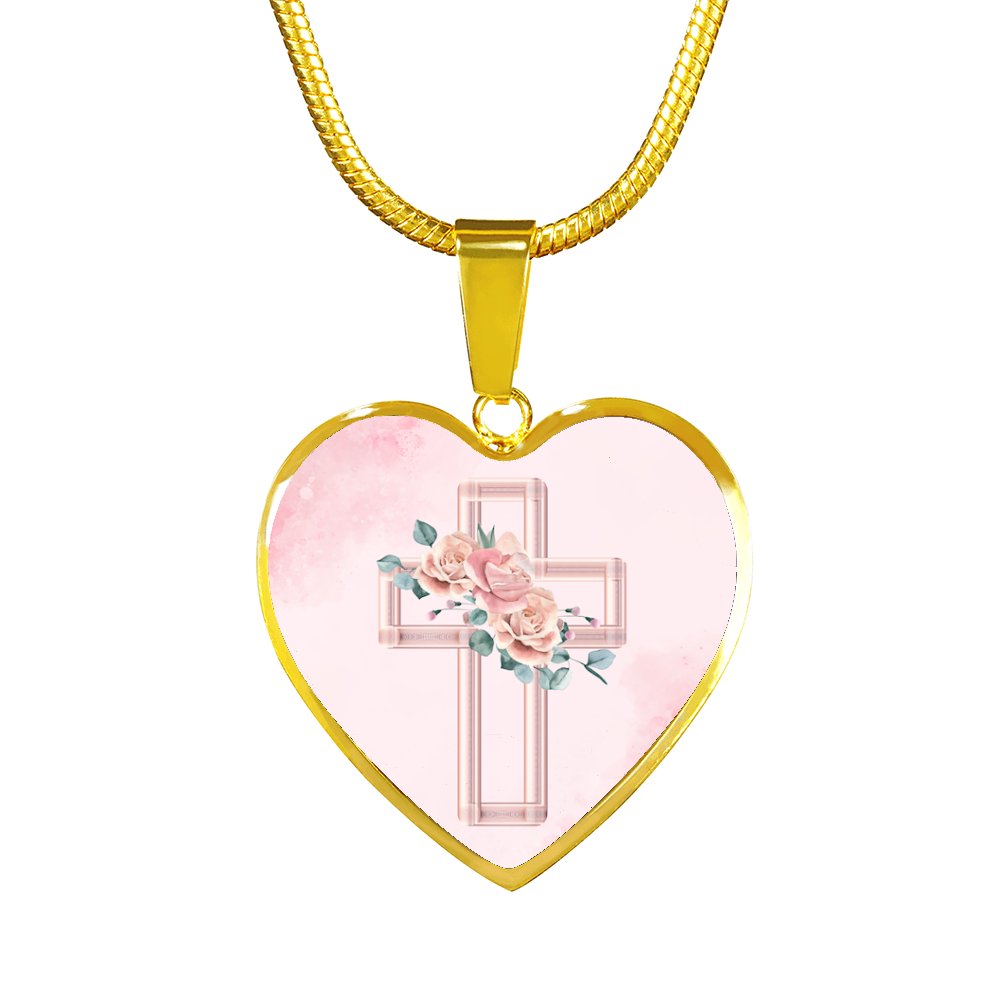 Granddaughter Baptism Pink Floral Cross Heart Pendant Necklace