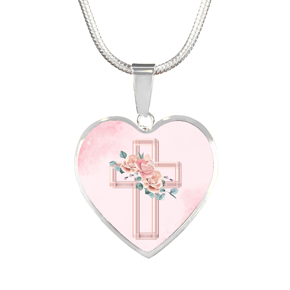 Granddaughter Baptism Pink Floral Cross Heart Pendant Necklace