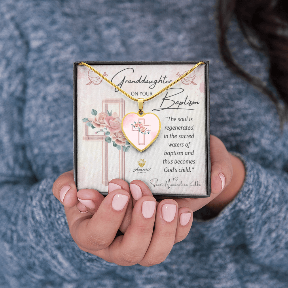 Granddaughter Baptism Pink Floral Cross Heart Pendant Necklace