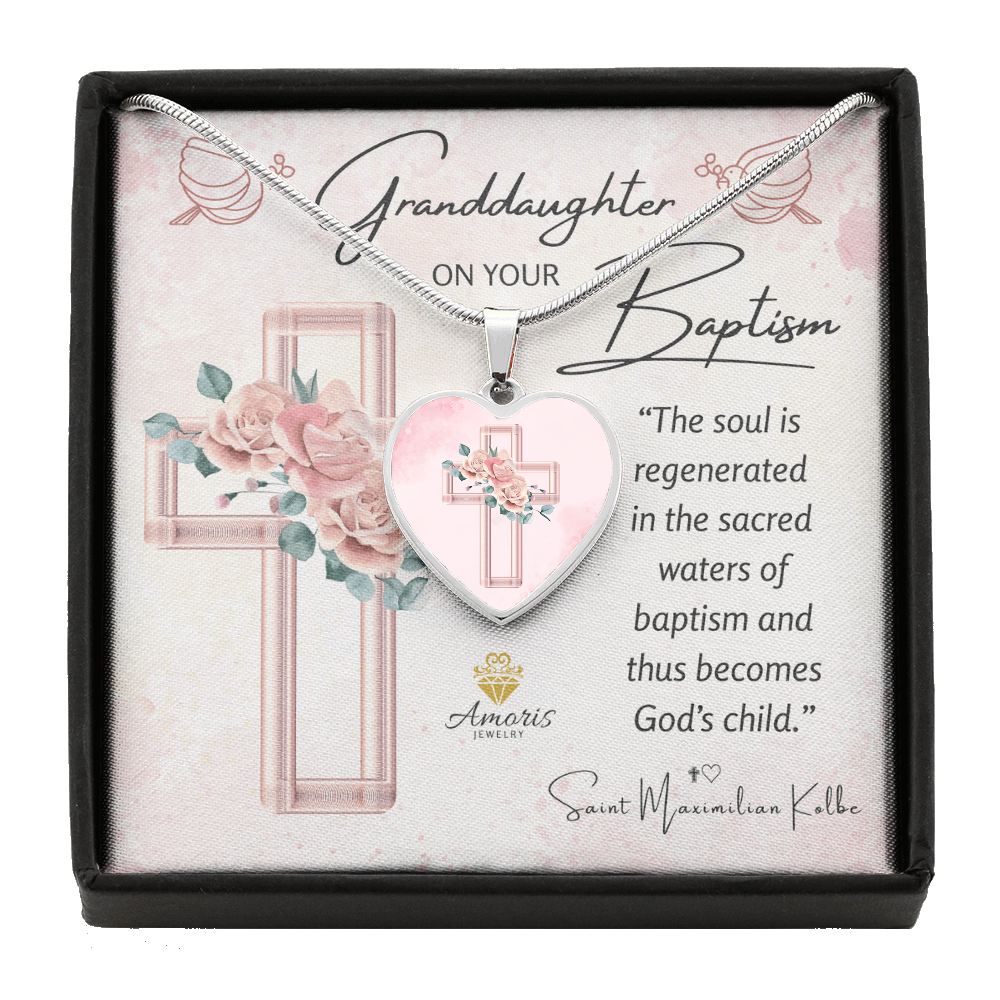 Granddaughter Baptism Pink Floral Cross Heart Pendant Necklace
