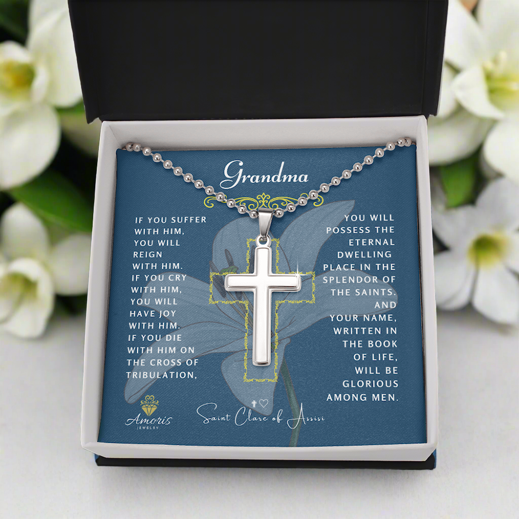 Grandma Cross Necklace with Saint Clare of Assisi Quote