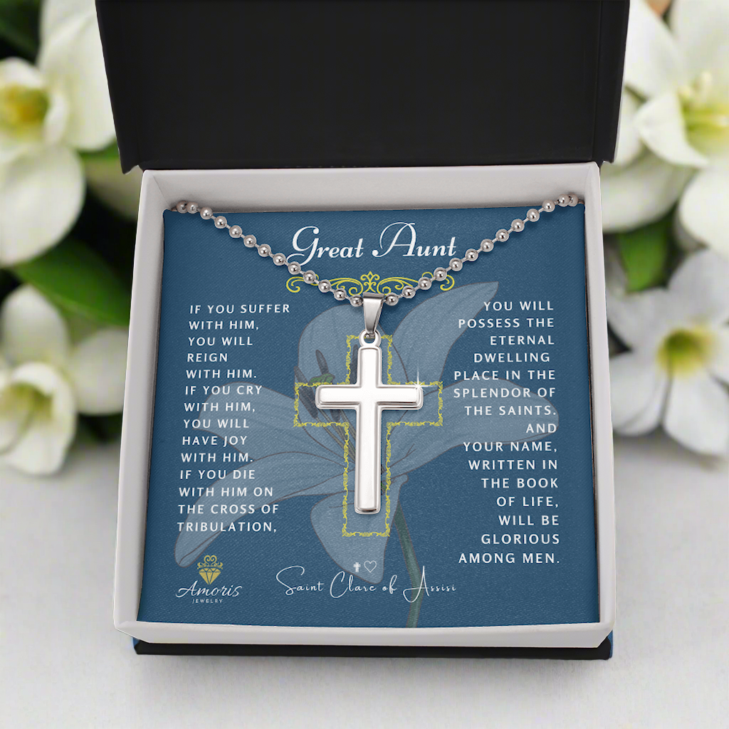 Great Aunt Cross Necklace with Saint Clare of Assisi Quote