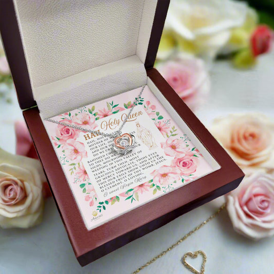 Hail Holy Queen Crown Pendant Necklace in Sterling Silver with ENGLISH Prayer Card