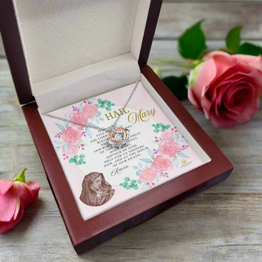 Hail Mary Crown Pendant Necklace in Sterling Silver with ENGLISH Prayer Card