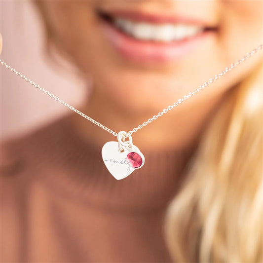 Heart Custom Name Birthstone Pendant Necklace in Stainless Steel