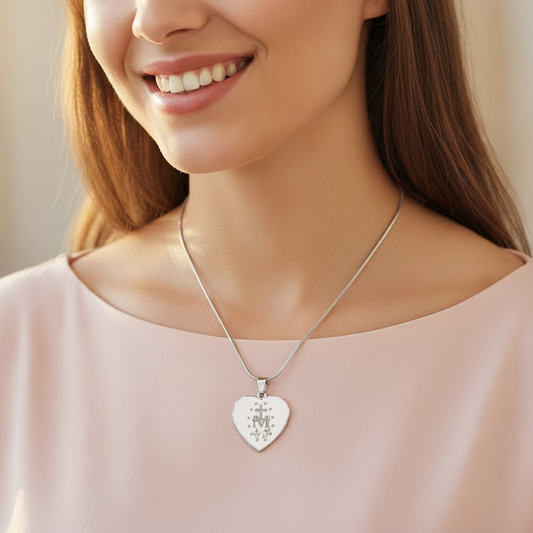 Miraculous Medal Artistic Verso Heart Necklace with Personalized Engraving