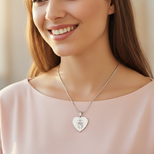 Miraculous Medal Artistic Verso Heart Necklace with Personalized Engraving