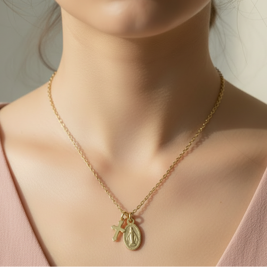 Miraculous Medal Cross Necklace in Gold Stainless Steel