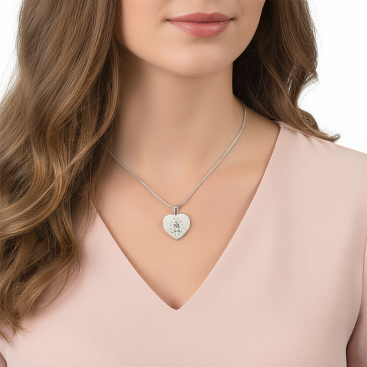 Miraculous Medal Verso Heart Necklace with Personalized Engraving