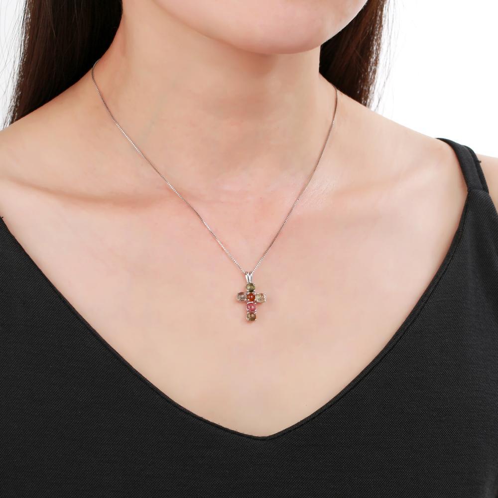 GRACE Round Gemstone Cross Pendant Necklace in Sterling Silver