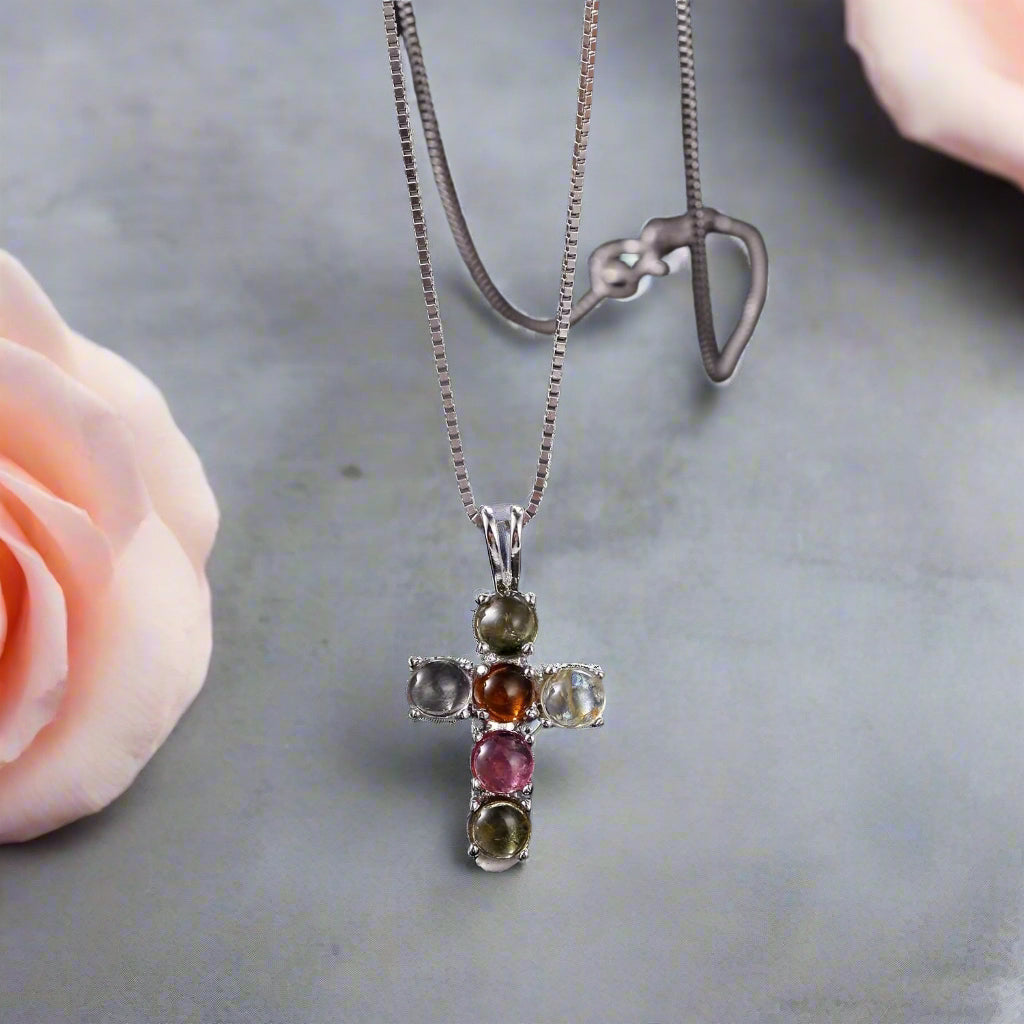GRACE Round Gemstone Cross Pendant Necklace in Sterling Silver
